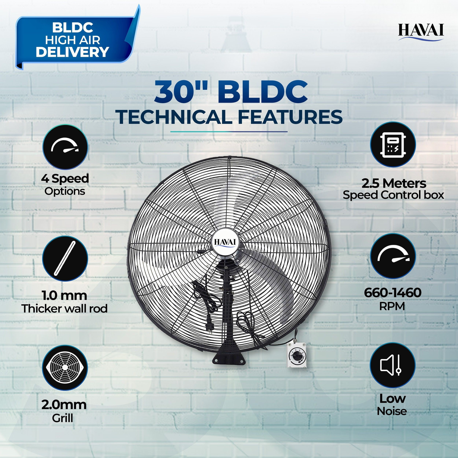 Havai 30" BLDC High-Speed Wall-Mount Fan – 3-Blade Design, Energy Efficient (20W-135W), 700-1400 RPM, 18,000 M³/Hr Airflow, 75-Foot Air Throw, 4-Speed Control, 2-Year Warranty