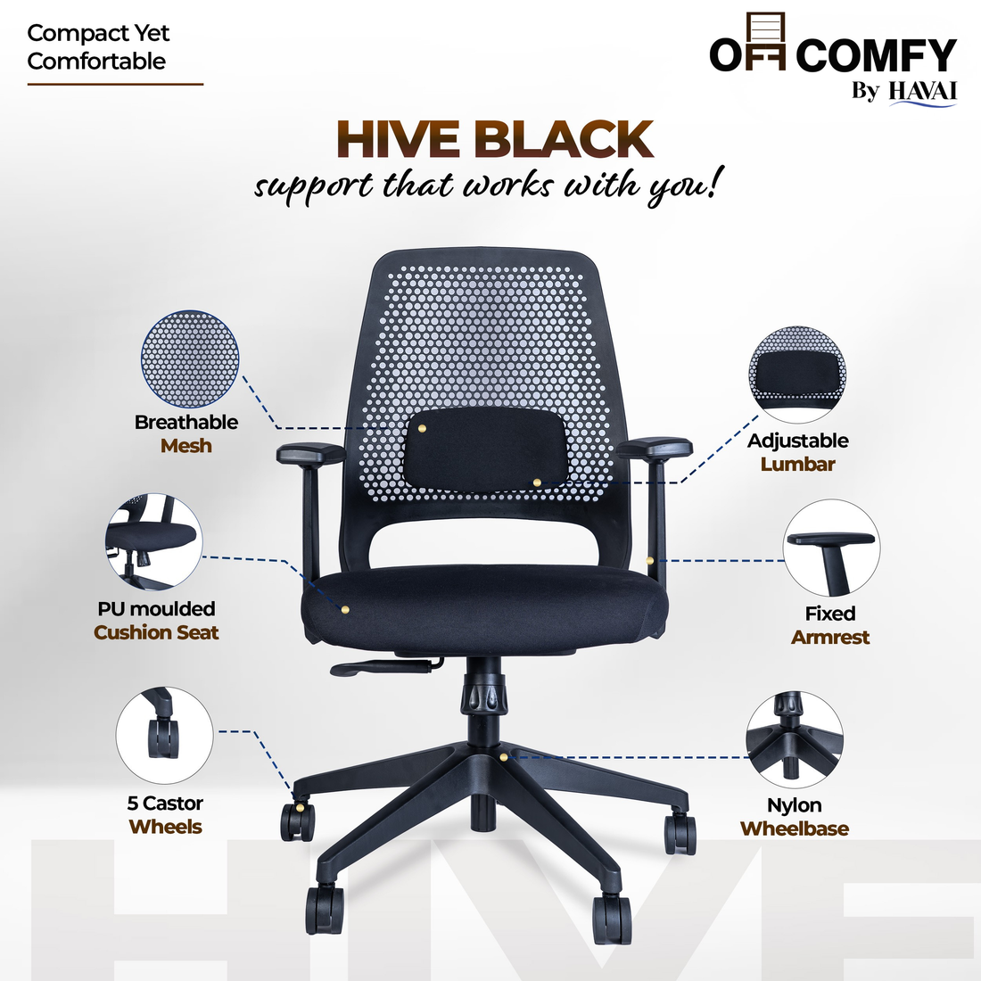 Off-Comfy Hive Black Ergonomic Office Chair | 1D Adjustable Lumbar | Fixed Arms with PP Pad | Synchro Tilt &amp; Lock |Class 4 Gaslift | Nylon Base | 60mm Castors