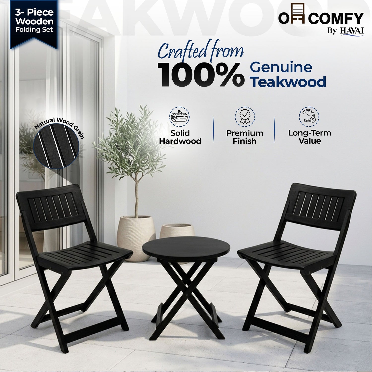HAVAI Teakwood Foldable Balcony Furniture Set | 2 Chairs &amp; 1 Table | Premium Solid Teak Wood Outdoor Patio Set | Garden, Balcony, Terrace &amp; Cafe Furniture | Pre-Assembled Natural Wood Finish (BLACK)