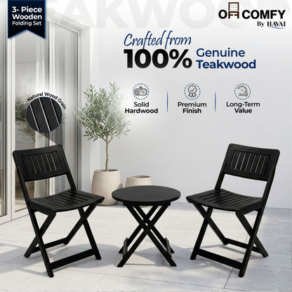 HAVAI Teakwood Foldable Balcony Furniture Set | 2 Chairs &amp; 1 Table | Premium Solid Teak Wood Outdoor Patio Set | Garden, Balcony, Terrace &amp; Cafe Furniture | Pre-Assembled Natural Wood Finish (BLACK)