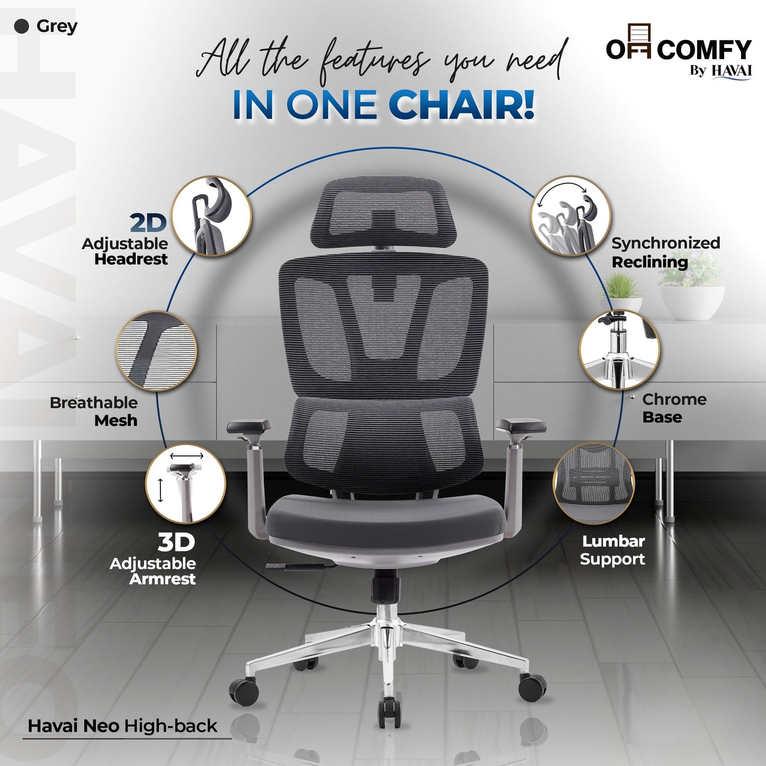 HAVAI Neo High Back Ergonomic Mesh Office Chair |  Multi-Lock Mechanism | Chrome Base | 3D Armrests with PU Pads  | Adjustable Headrest | Breathable Mesh Back (Grey)