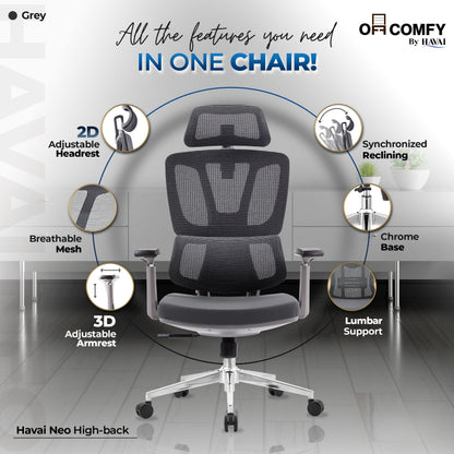 HAVAI Neo High Back Ergonomic Mesh Office Chair |  Multi-Lock Mechanism | Chrome Base | 3D Armrests with PU Pads  | Adjustable Headrest | Breathable Mesh Back (Grey)