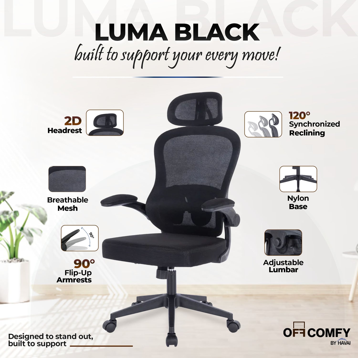 HAVAI LUMA BLACK Ergonomic Mesh Office Chair | Mid Back | Breathable Net Fabric | Reclining | Height Adjustable | Class 2 Gas Lift | Nylon Base | Smooth Wheels | WFH &amp; Office (BLACK)