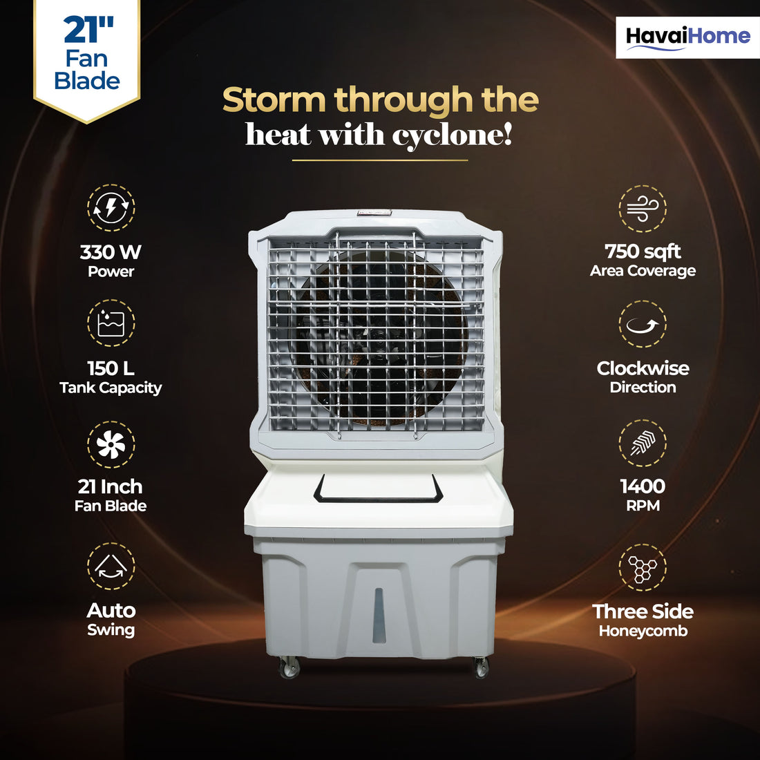 Cyclone Desert Air Cooler | 21" Fan Blade | 150L Tank Capacity | 330W High-Performance Cooling | 750 Sq. Ft. Coverage | Auto Swing | Back Honeycomb Pads | Lockable Wheels | White &amp; Grey