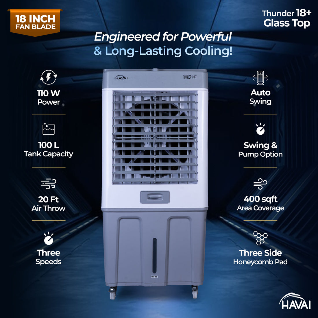 HAVAI Thunder 18+ GT Desert Cooler | 18” Aluminium Blade | 100L Tank | 3-Side Honeycomb Pads | 20 Ft Air Throw | Heavy-Duty 110mm Motor | Auto Swing | White &amp; Grey