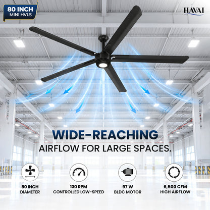 Havai Mini HVLS BLDC Ceiling Fan 80 Inch, 6500 CFM Commercial 95W BLDC Motor, 6,500 CFM Air Volume, 130 RPM, 850 Sq. Ft. Coverage, 5 Aluminium Blades, 18W 3-Colour Light, Remote