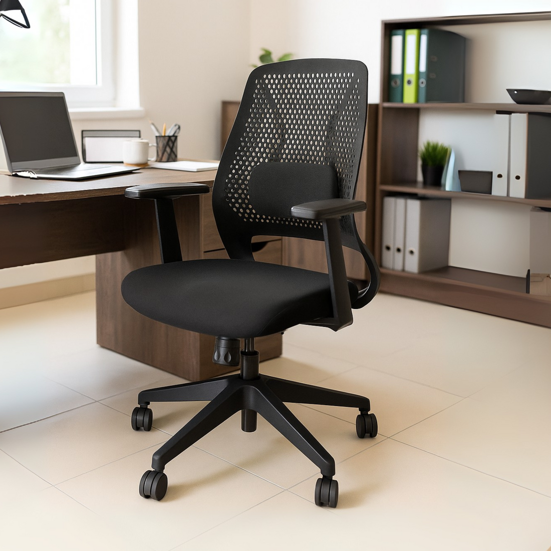 HAVAI Off-Comfy Hive Black Ergonomic Office Chair | 1D Adjustable Lumbar | Fixed Arms with PP Pad | Synchro Tilt &amp; Lock |Class 4 Gaslift | Nylon Base | 60mm Castors