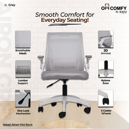 HAVAI Airon Ergonomic Office Chair with Mesh Back | Executive Computer Chair with Reclining &amp; Folding Function | Nylon Armrests | Class 2 Gas Lift | Plywood Base Support | Grey Seat | WFH &amp; Office Use | (Grey)