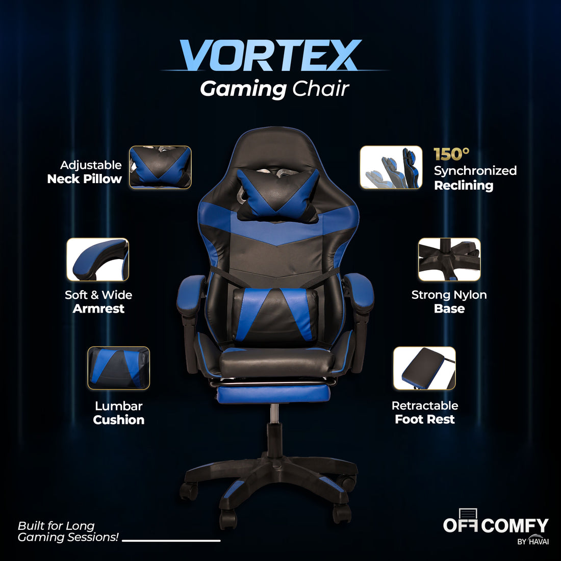 HAVAI Vortex BLUE Gaming Chair | Ergonomic High Back Computer Chair with Linkage Armrests | Reclining &amp; Folding Backrest | Premium 0.55mm PVC Upholstery | High Density Foam Cushion | Class 1 Gas Lift | 320mm Nylon Base | Heavy Duty Wheels | (Blue &amp; Black)