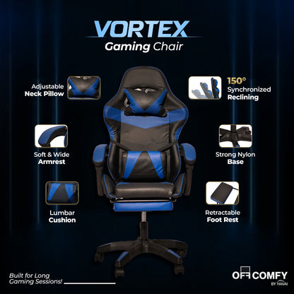 HAVAI Vortex BLUE Gaming Chair | Ergonomic High Back Computer Chair with Linkage Armrests | Reclining &amp; Folding Backrest | Premium 0.55mm PVC Upholstery | High Density Foam Cushion | Class 1 Gas Lift | 320mm Nylon Base | Heavy Duty Wheels | (Blue &amp; Black)