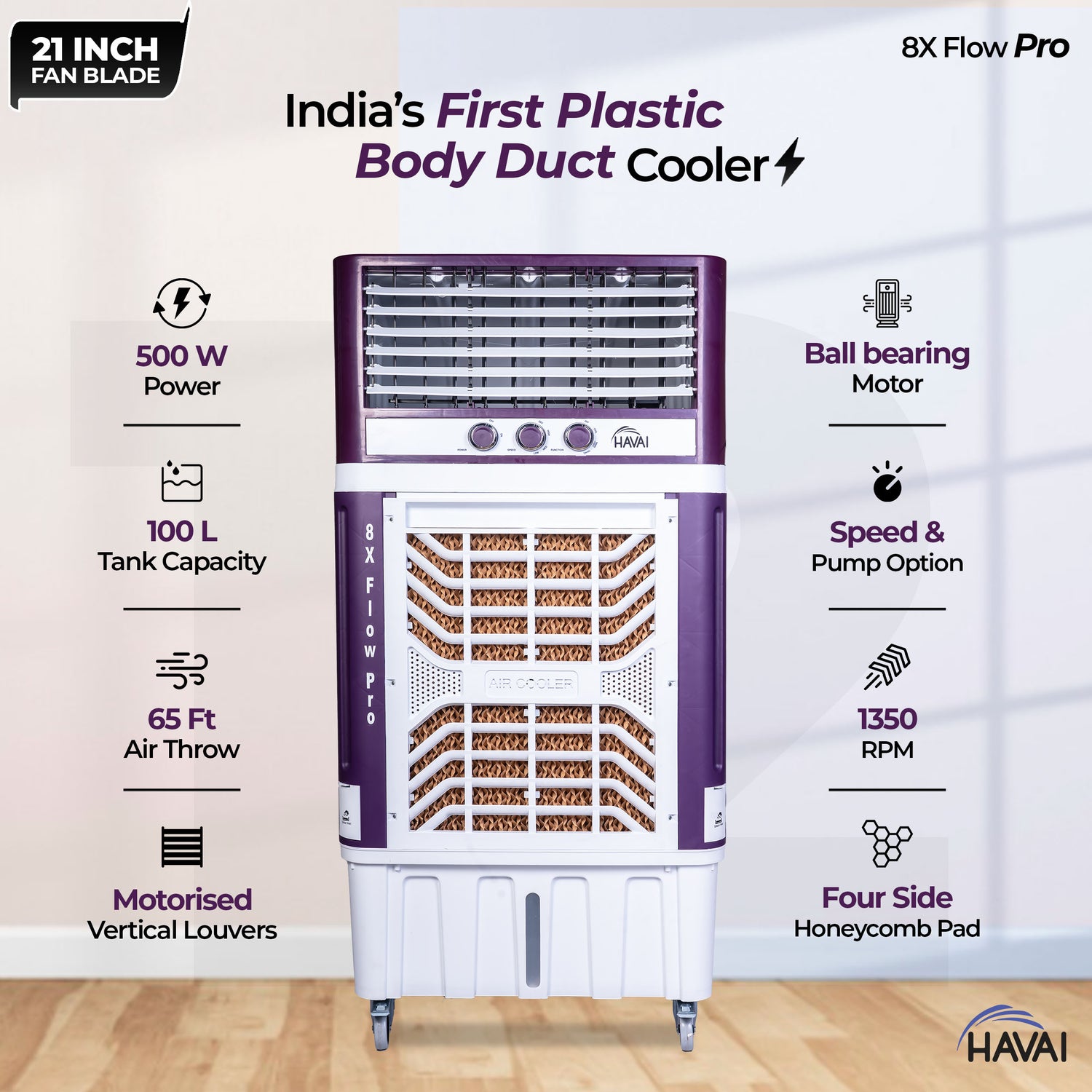 HAVAI 8X Flo Pro Plastic Body Duct Air Cooler | 100L Tank | 21” 4-Leaf Fan | 8500 m³/hr Airflow | 30 ft Air Throw | Double Ball Bearing Motor | 4-Side Honeycomb Cooling