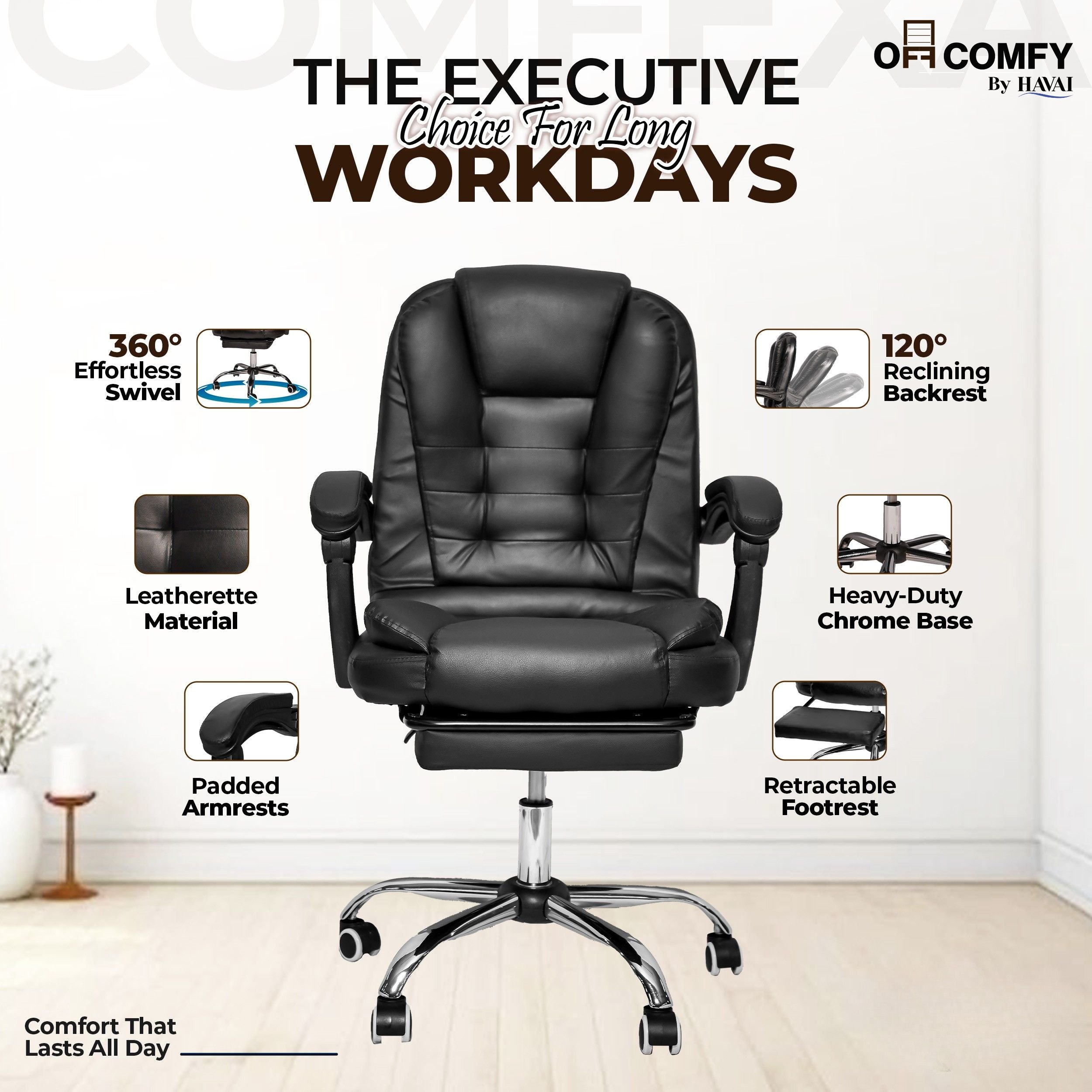 HAVAI Comfexa Executive Office Chair | Premium Recliner Chair with Footrest | Ergonomic High Back Cushion | PVC Leather Finish | Reclining &amp; Folding Mechanism | Class 2 Gas Lift | Nylon Base | Heavy Duty Office &amp; WFH Chair | Black