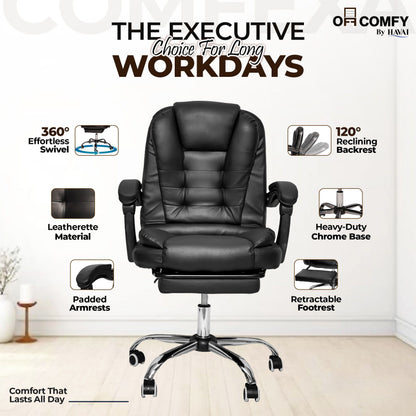 HAVAI Comfexa Executive Office Chair | Premium Recliner Chair with Footrest | Ergonomic High Back Cushion | PVC Leather Finish | Reclining &amp; Folding Mechanism | Class 2 Gas Lift | Nylon Base | Heavy Duty Office &amp; WFH Chair | Black