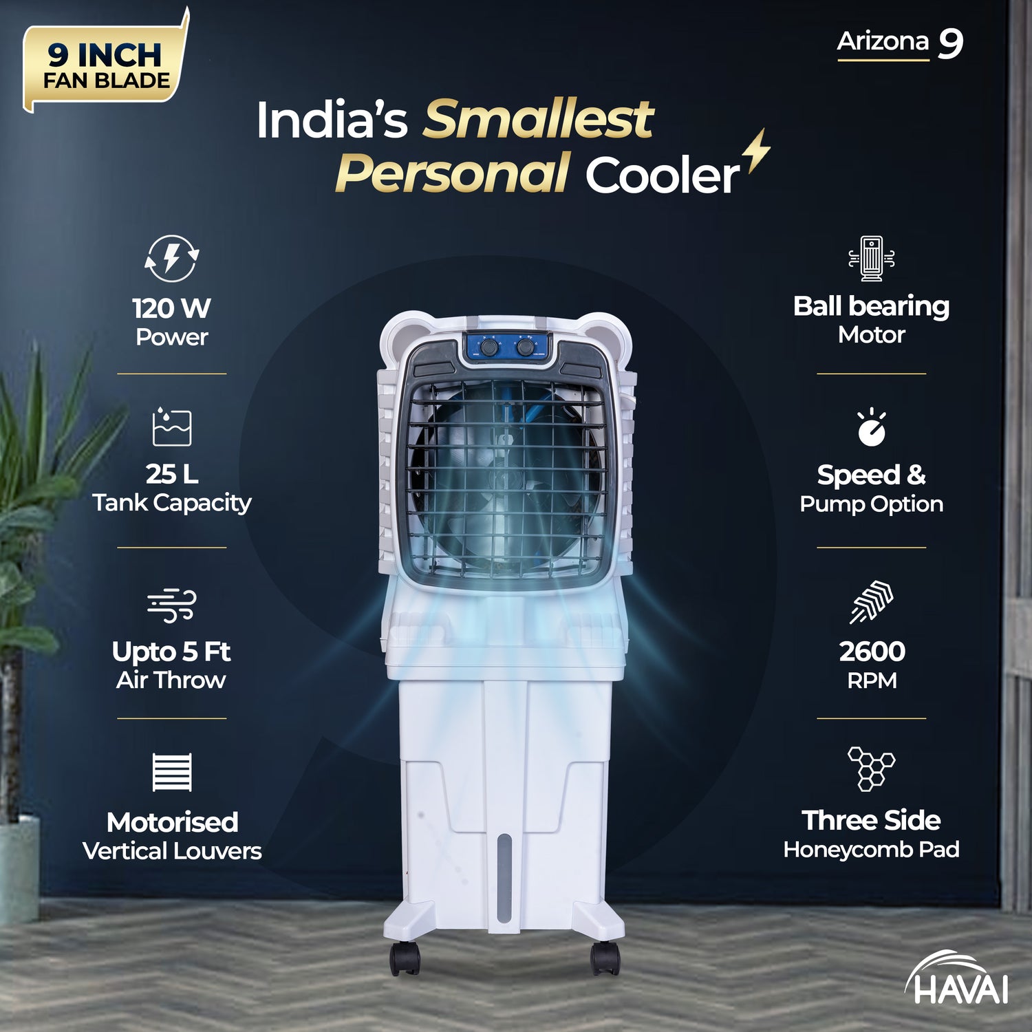HAVAI Arizona 9 Personal Air Cooler | 9-Inch Blade | 25L Tank | 3-Side Honeycomb Pads | Motorised Louvers | White
