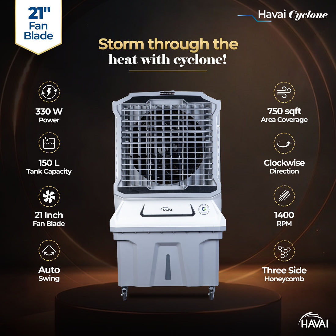HAVAI Cyclone Desert Air Cooler | 21&quot; Fan Blade | 150L Tank Capacity | 330W High-Performance Cooling | 750 Sq. Ft. Coverage | Auto Swing | Back Honeycomb Pads | Lockable Wheels | White &amp; Grey