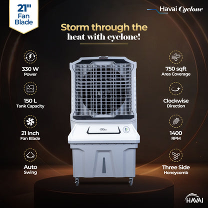 HAVAI Cyclone Desert Air Cooler | 21&quot; Fan Blade | 150L Tank Capacity | 330W High-Performance Cooling | 750 Sq. Ft. Coverage | Auto Swing | Back Honeycomb Pads | Lockable Wheels | White &amp; Grey