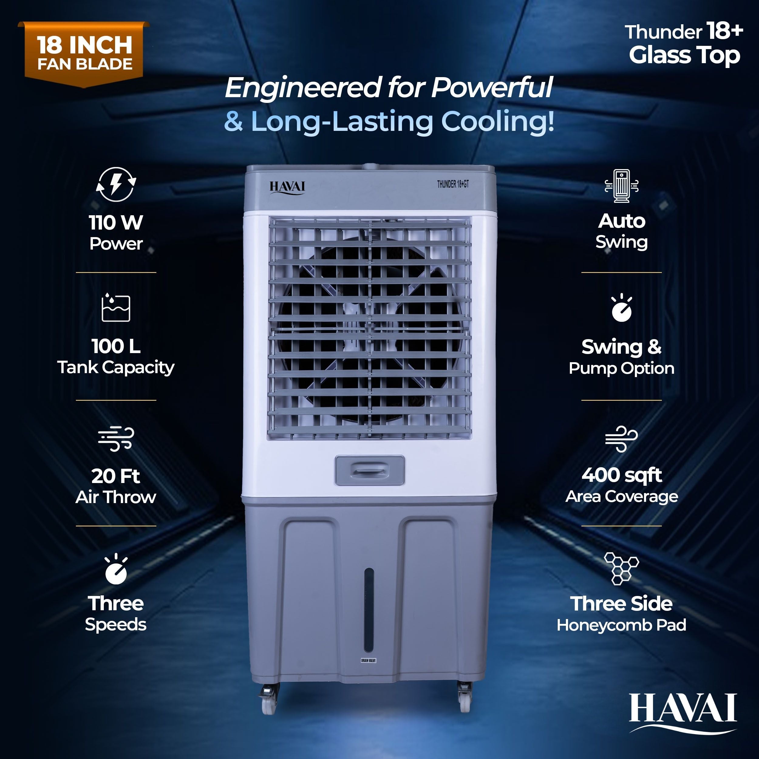 HAVAI Thunder 18+ GT Desert Cooler | 18” Aluminium Blade | 100L Tank | 3-Side Honeycomb Pads | 20 Ft Air Throw | Heavy-Duty 110mm Motor | Auto Swing | White &amp; Grey
