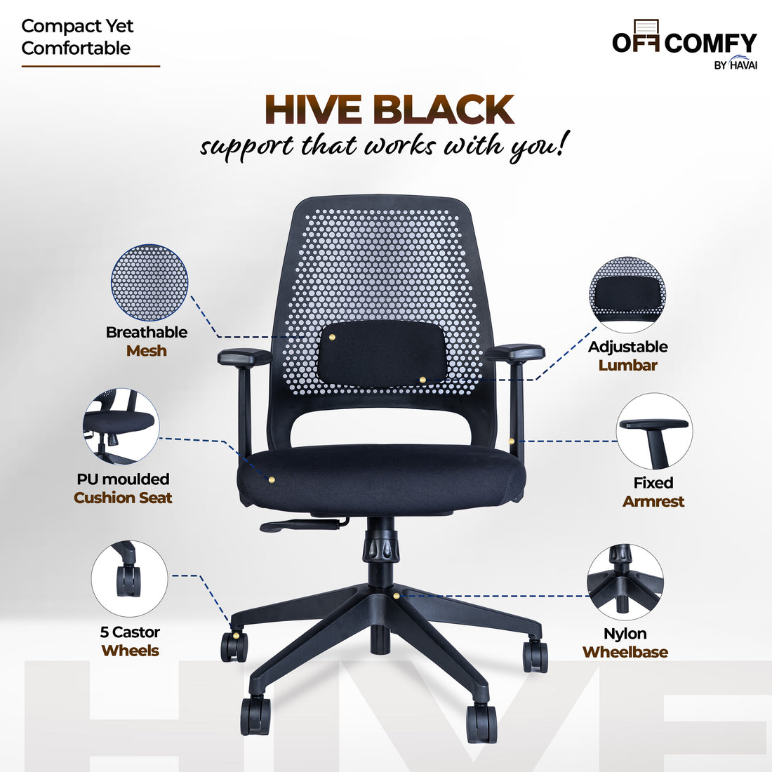 HAVAI Off-Comfy Hive Black Ergonomic Office Chair | 1D Adjustable Lumbar | Fixed Arms with PP Pad | Synchro Tilt &amp; Lock |Class 4 Gaslift | Nylon Base | 60mm Castors