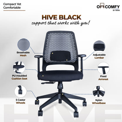HAVAI Off-Comfy Hive Black Ergonomic Office Chair | 1D Adjustable Lumbar | Fixed Arms with PP Pad | Synchro Tilt &amp; Lock |Class 4 Gaslift | Nylon Base | 60mm Castors