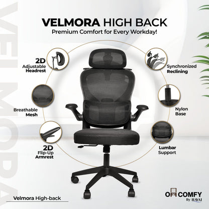 HAVAI Velmora Ergonomic Office Chair | High Back Mesh Chair with Reclining Mechanism, Adjustable Armrest, Headrest &amp; Lumbar Support | Nylon Base &amp; Wheels | Executive/WFH Chair (Black)