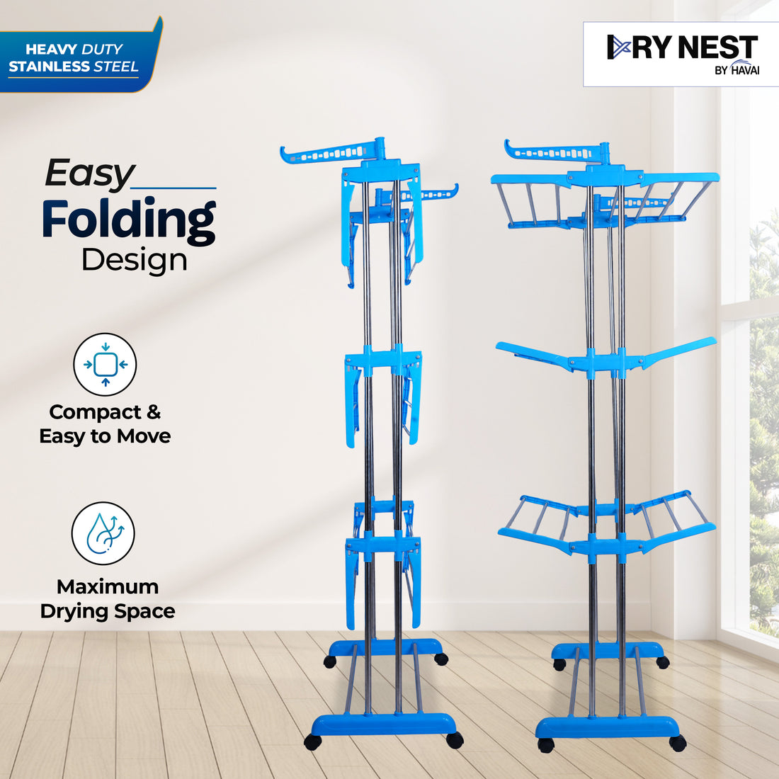 DryNest By HAVAI – Premium Clothes Drying Stand with Wheels |  3-Layer Jumbo Rack | Foldable Wings | 24 Hanger Rods |  Anti-Rust Steel | Balcony-Friendly | Portable &amp; Heavy-Duty