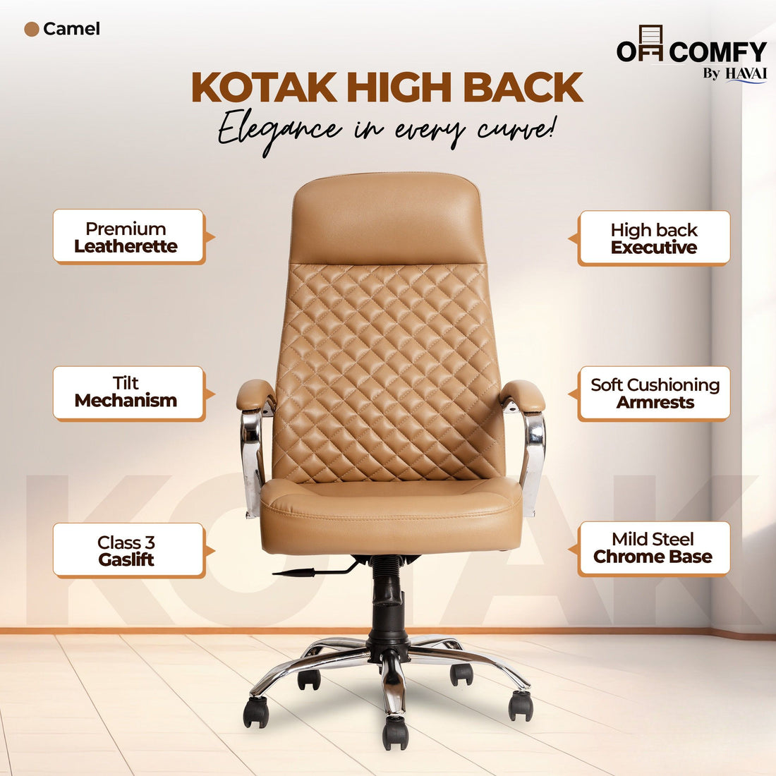 Prime High Back Office Chair | Ergonomic Executive Chair |  Premium Leather | Single Lock Tilt Mechanism |  Mild Steel Chrome Base &amp; Arms | Class 4 Gaslift |  50mm Casters | High-Density Back &amp; Seat Cushion (Camel)