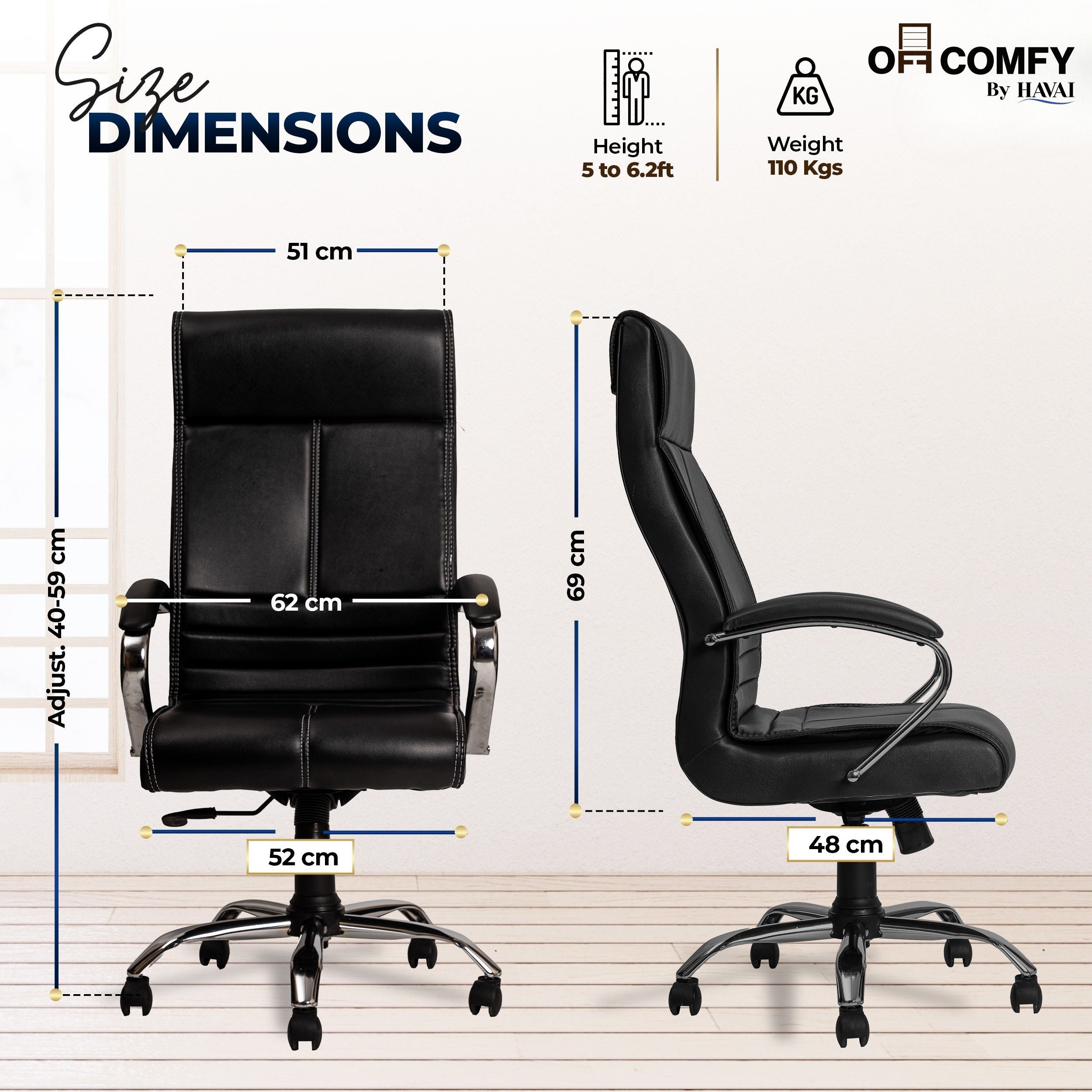 Nova High Back Office Chair | Premium Leather | Ergonomic Executive Chair with Single Lock Tilt Mechanism |  Chrome Steel Base &amp; Arms | Class 4 Gaslift | 50mm Casters  | High-Density Cushioned Seat &amp; Back (Black)