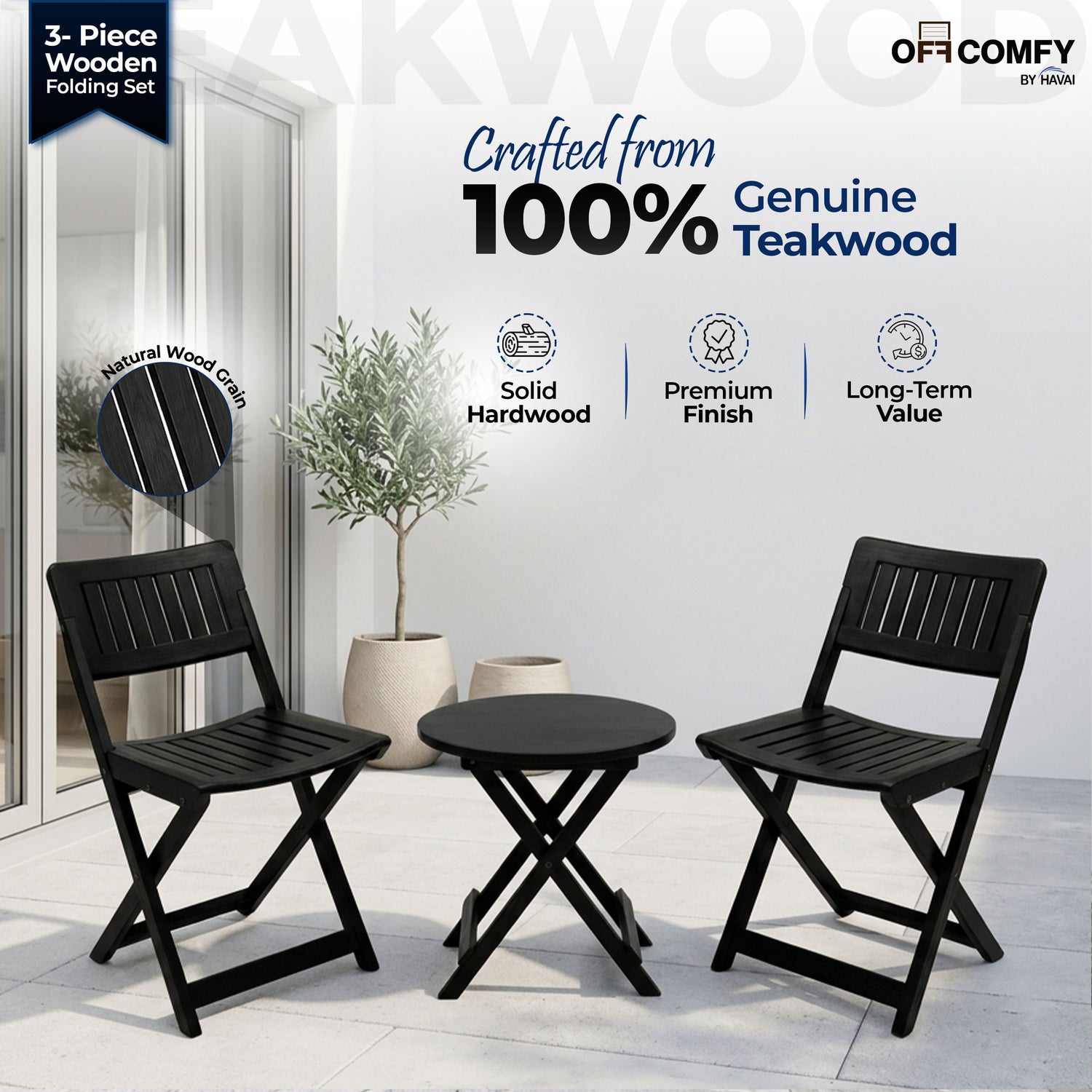 HAVAI Teakwood Foldable Balcony Furniture Set | 2 Chairs &amp; 1 Table | Premium Solid Teak Wood Outdoor Patio Set | Garden, Balcony, Terrace &amp; Cafe Furniture | Pre-Assembled Natural Wood Finish (BLACK)