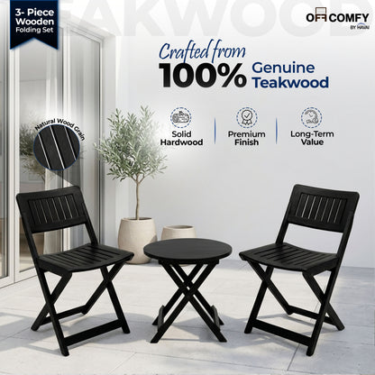HAVAI Teakwood Foldable Balcony Furniture Set | 2 Chairs &amp; 1 Table | Premium Solid Teak Wood Outdoor Patio Set | Garden, Balcony, Terrace &amp; Cafe Furniture | Pre-Assembled Natural Wood Finish (BLACK)