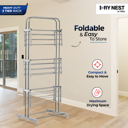 DryNest By HAVAI – Heavy Duty 3-Tier Foldable Cloth Drying Stand |  Stainless Steel Rack for Indoor &amp; Outdoor Use |  Portable Clothes Stand for Balcony &amp; Home Drying