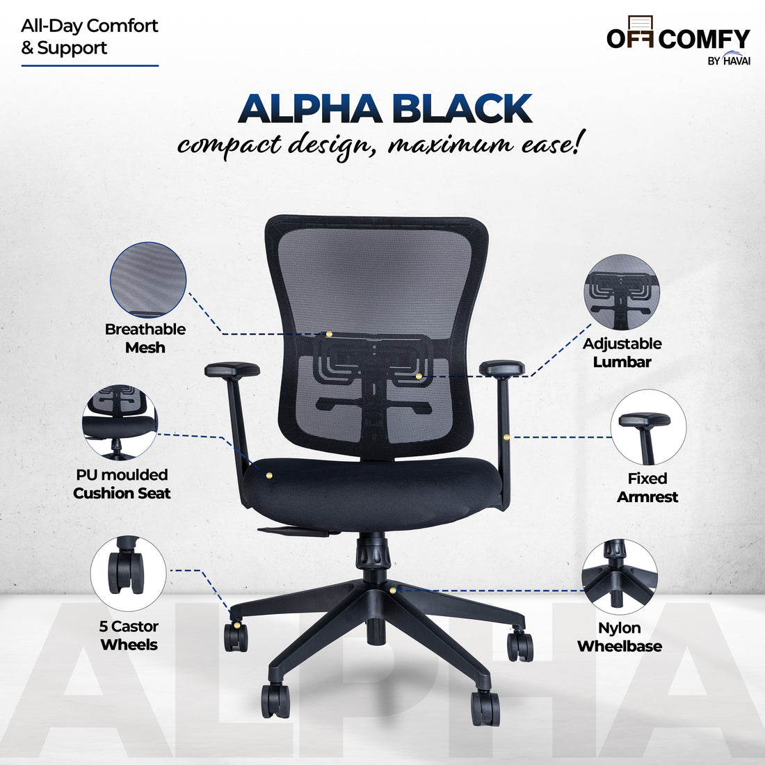 HAVAI Off-Comfy Alpha Black Ergonomic Office Chair | Yuva Mesh Back | Adjustable Lumbar Support | 1D Armrest with PP Pad | Synchro Tilt with Lock | Class 4 Gaslift | Nylon Base &amp; 60mm Castors