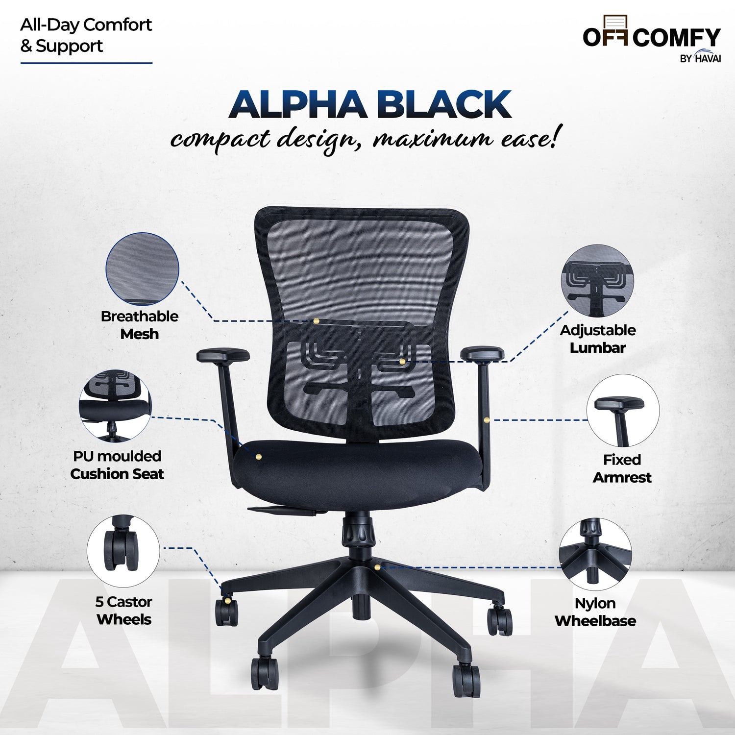 HAVAI Off-Comfy Alpha Black Ergonomic Office Chair | Yuva Mesh Back | Adjustable Lumbar Support | 1D Armrest with PP Pad | Synchro Tilt with Lock | Class 4 Gaslift | Nylon Base &amp; 60mm Castors