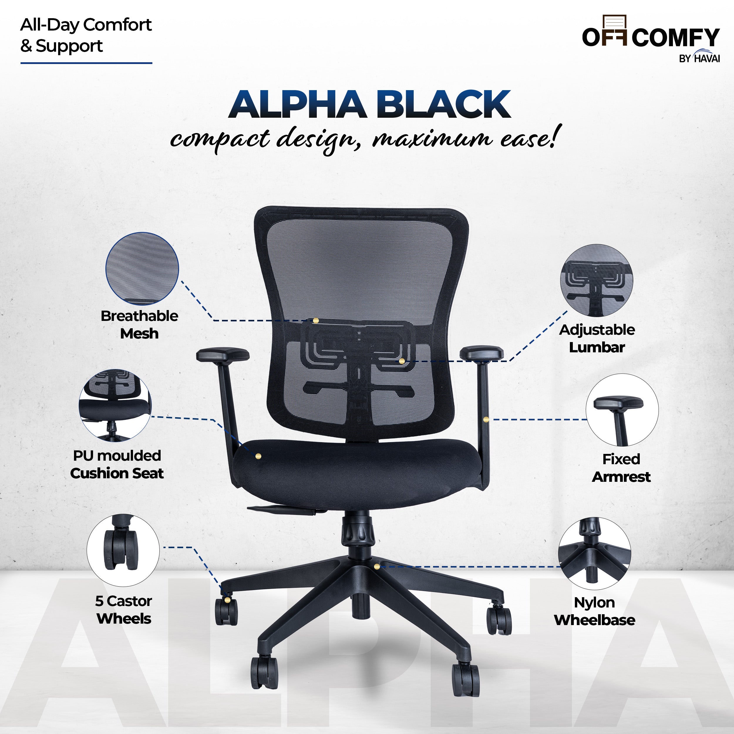 HAVAI Off-Comfy Alpha Black Ergonomic Office Chair | Yuva Mesh Back | Adjustable Lumbar Support | 1D Armrest with PP Pad | Synchro Tilt with Lock | Class 4 Gaslift | Nylon Base &amp; 60mm Castors