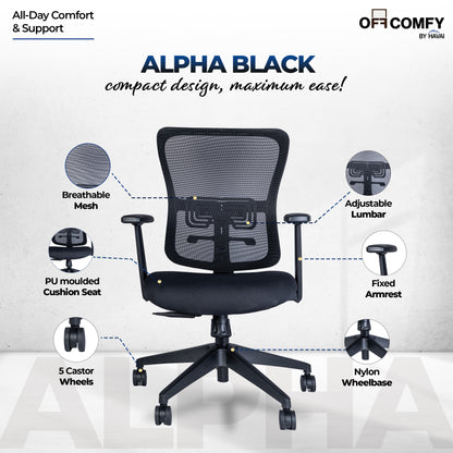 HAVAI Off-Comfy Alpha Black Ergonomic Office Chair | Yuva Mesh Back | Adjustable Lumbar Support | 1D Armrest with PP Pad | Synchro Tilt with Lock | Class 4 Gaslift | Nylon Base &amp; 60mm Castors