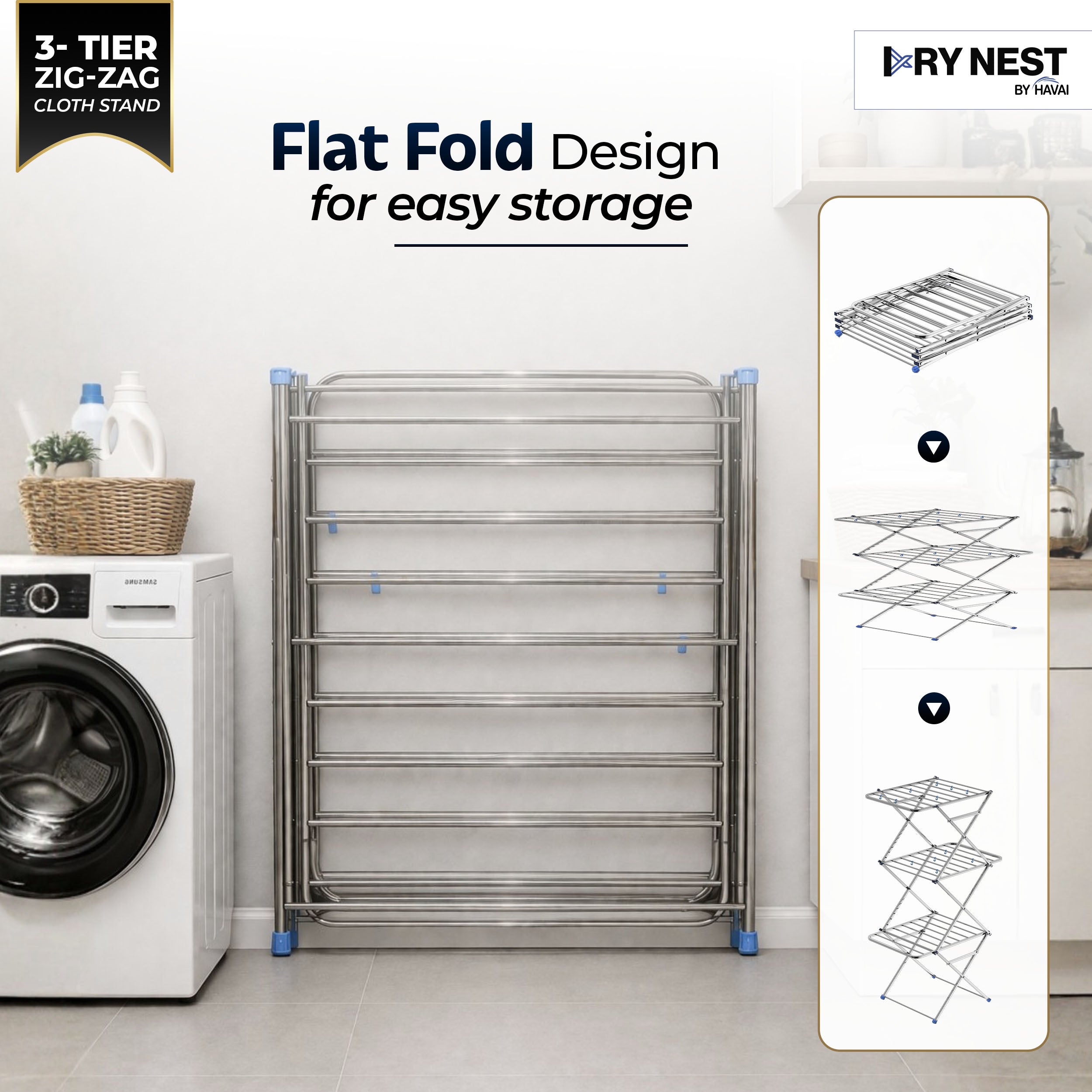 HAVAI DryNest 4.5 KG Heavy Duty Clothes Drying Stand | 40 KG Load Capacity | 3-Tier Zig-Zag Foldable Stainless Steel Airer | Rust Resistant Laundry Rack for Balcony, Indoor &amp; Outdoor Use