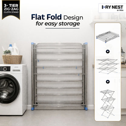 HAVAI DryNest 4.5 KG Heavy Duty Clothes Drying Stand | 40 KG Load Capacity | 3-Tier Zig-Zag Foldable Stainless Steel Airer | Rust Resistant Laundry Rack for Balcony, Indoor &amp; Outdoor Use