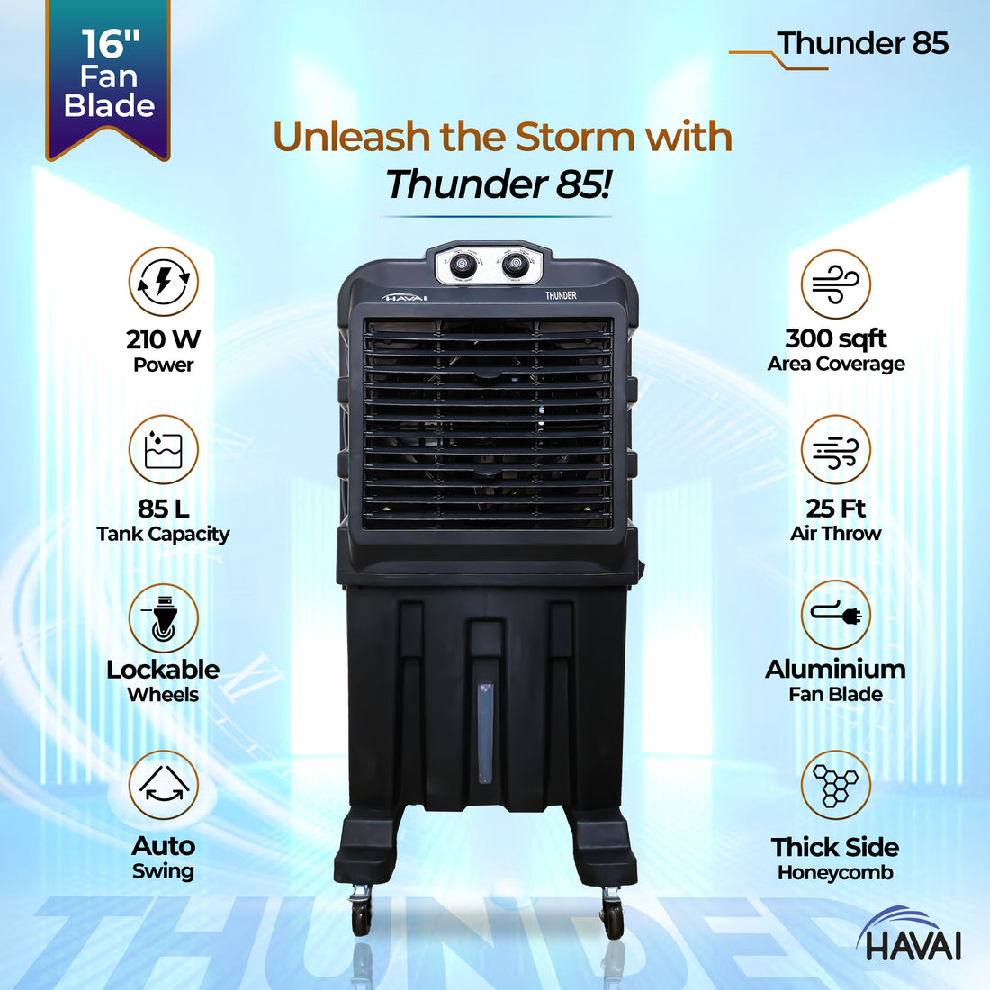 Thunder 85 Desert Cooler – 85L, 16-Inch Aluminum Blade, Single Side Thick Honeycomb, 300 sq. ft. Coverage, Powerful Air Throw &amp; Delivery