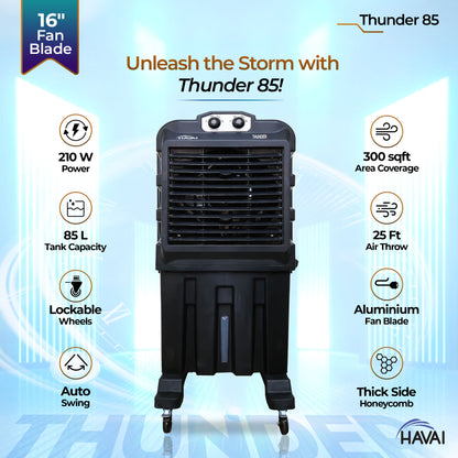 Thunder 85 Desert Cooler – 85L, 16-Inch Aluminum Blade, Single Side Thick Honeycomb, 300 sq. ft. Coverage, Powerful Air Throw &amp; Delivery