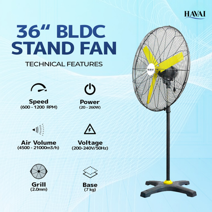 HAVAI BLDC Pedestal Fan 36 inch, 50% Savings on Electricity, High Velocity, Heavy Duty Metal for Industrial, Commercial and Residential Use, Assembly Included