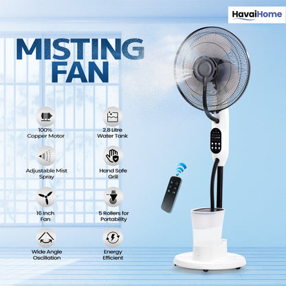 Blu Mist Pedestal Fan – 16" Residential Mist Fan | Remote Control | 2.8 Litre Tank | Installation Included (White, Pack of 1)