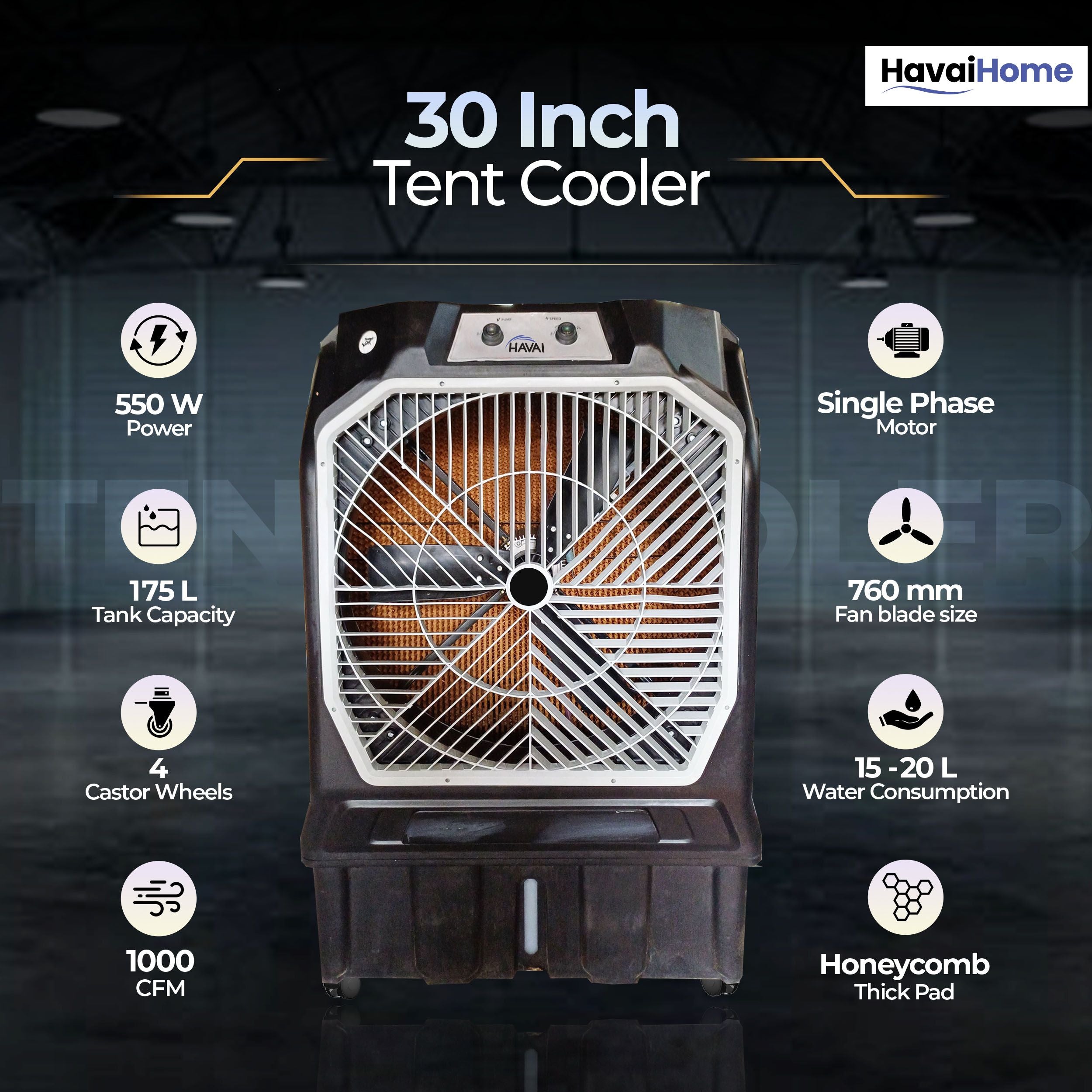 Thunder 200 Tent Cooler | 30-Inch Heavy-Duty 3-Leaf Blade | 10,000 m³/hr Air Delivery | 175 Litre Water Tank | 550W Powerful Motor | Single-Phase Aluminium Winding Motor|1-Year Warranty)