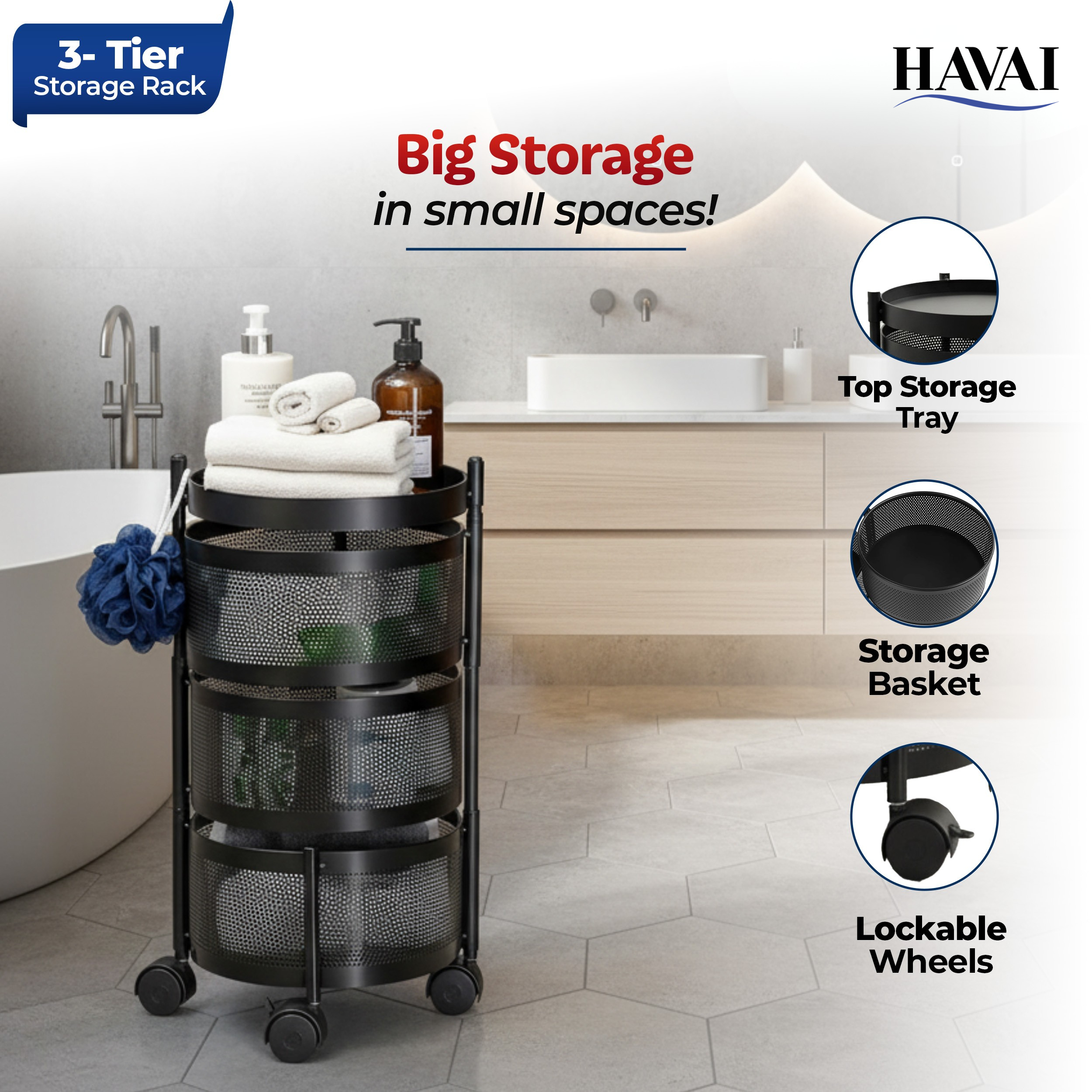 Havai 3 Tier Round Rolling Kitchen Storage Rack | Sturdy Metal Frame | Space-Saving Utility Shelf – Black