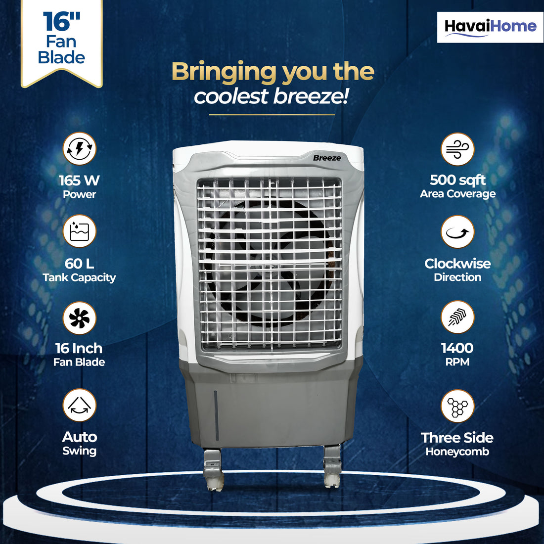 Breeze 60L Desert Air Cooler | 16" Fan Blade | 60L Tank Capacity | 500 Sq. Ft. Coverage | Auto Swing | Back Honeycomb Pads | White &amp; Grey