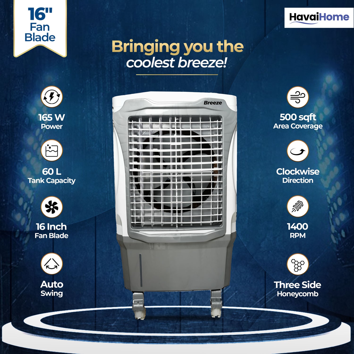 Breeze 60L Desert Air Cooler | 16" Fan Blade | 60L Tank Capacity | 500 Sq. Ft. Coverage | Auto Swing | Back Honeycomb Pads | White &amp; Grey
