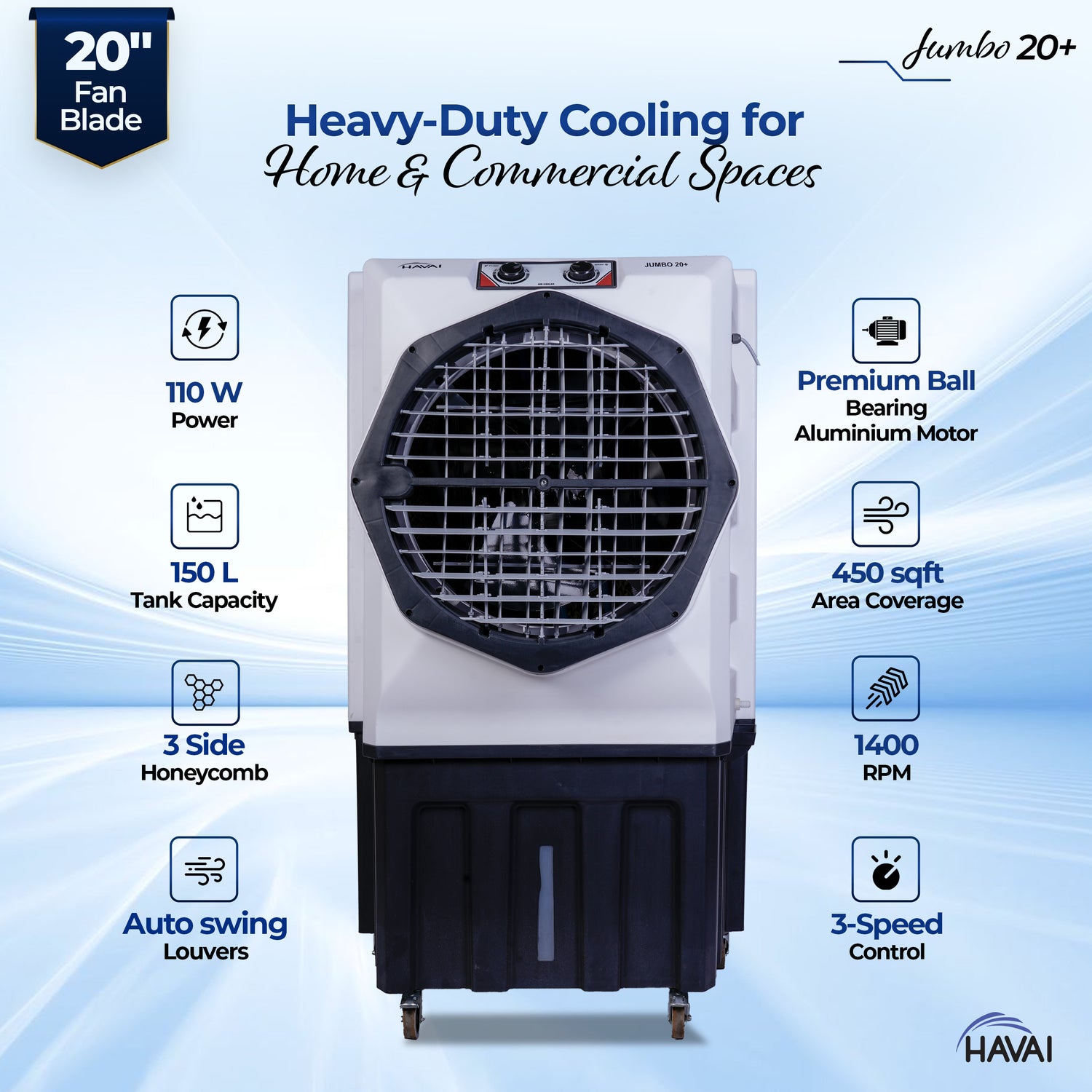 HAVAI Jumbo 20+ Desert Air Cooler for Home &amp; Commercial Use | 20 Inch Aluminium Fan, 150L Tank, 6190 m³/hr Air Delivery | Covers 450 Sq Ft | Honeycomb Pads, Auto Swing Louvers, Wheels | White &amp; Grey