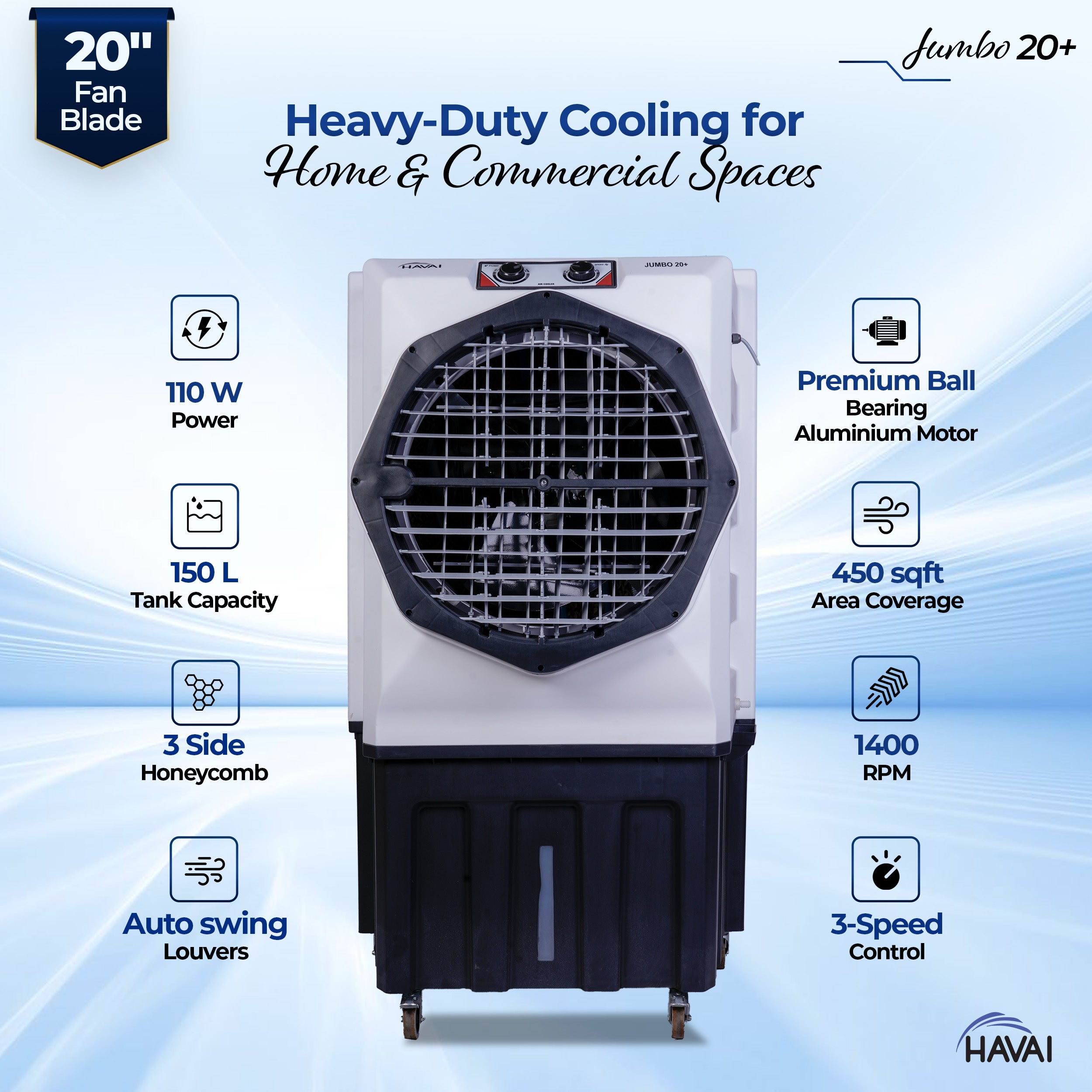 HAVAI Jumbo 20+ Desert Air Cooler for Home &amp; Commercial Use | 20 Inch Aluminium Fan, 150L Tank, 6190 m³/hr Air Delivery | Covers 450 Sq Ft | Honeycomb Pads, Auto Swing Louvers, Wheels | White &amp; Grey