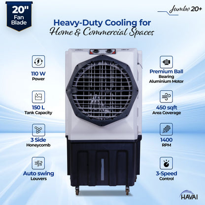 HAVAI Jumbo 20+ Desert Air Cooler for Home &amp; Commercial Use | 20 Inch Aluminium Fan, 150L Tank, 6190 m³/hr Air Delivery | Covers 450 Sq Ft | Honeycomb Pads, Auto Swing Louvers, Wheels | White &amp; Grey