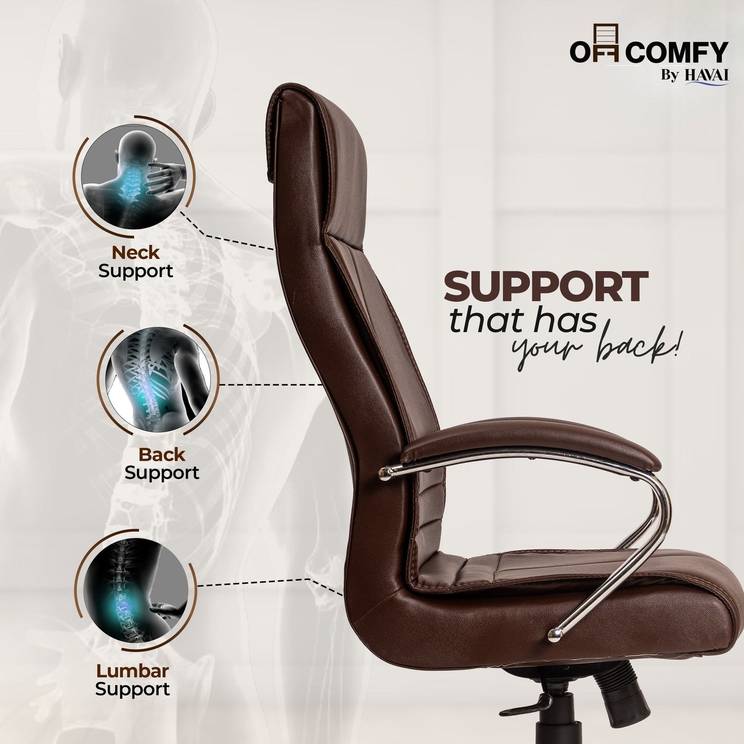 Nova High Back Office Chair | Premium Leather | Ergonomic Executive Chair with Single Lock Tilt Mechanism |  Chrome Steel Base &amp; Arms | Class 4 Gaslift | 50mm Casters  | High-Density Cushioned Seat &amp; Back (Brown)