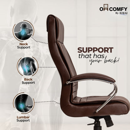 Nova High Back Office Chair | Premium Leather | Ergonomic Executive Chair with Single Lock Tilt Mechanism |  Chrome Steel Base &amp; Arms | Class 4 Gaslift | 50mm Casters  | High-Density Cushioned Seat &amp; Back (Brown)