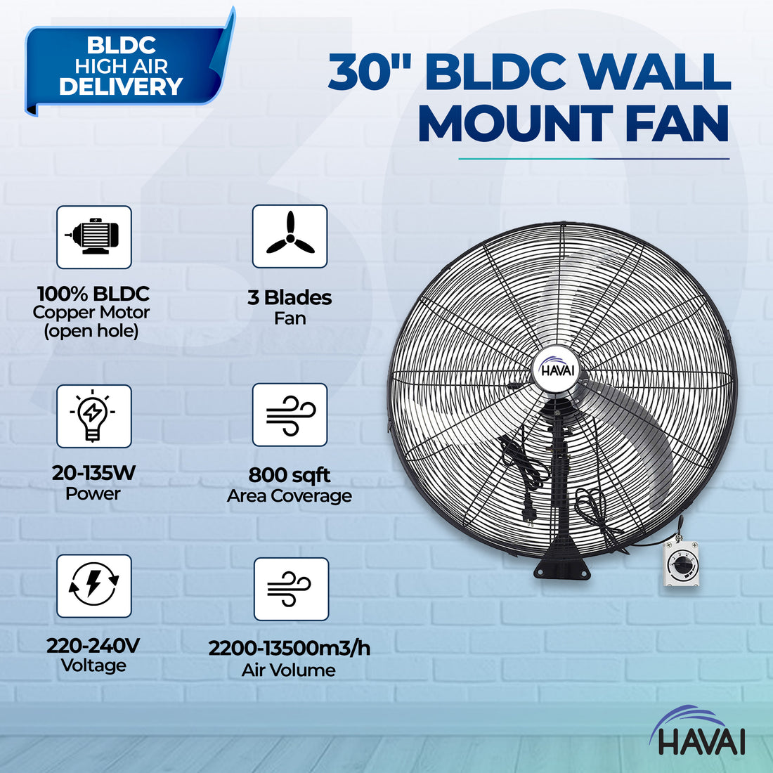 HAVAI 30&quot; BLDC High-Speed Wall-Mount Fan – 3-Blade Design, Energy Efficient (20W-135W), 700-1400 RPM, 18,000 M³/Hr Airflow, 75-Foot Air Throw, 4-Speed Control, 2-Year Warranty
